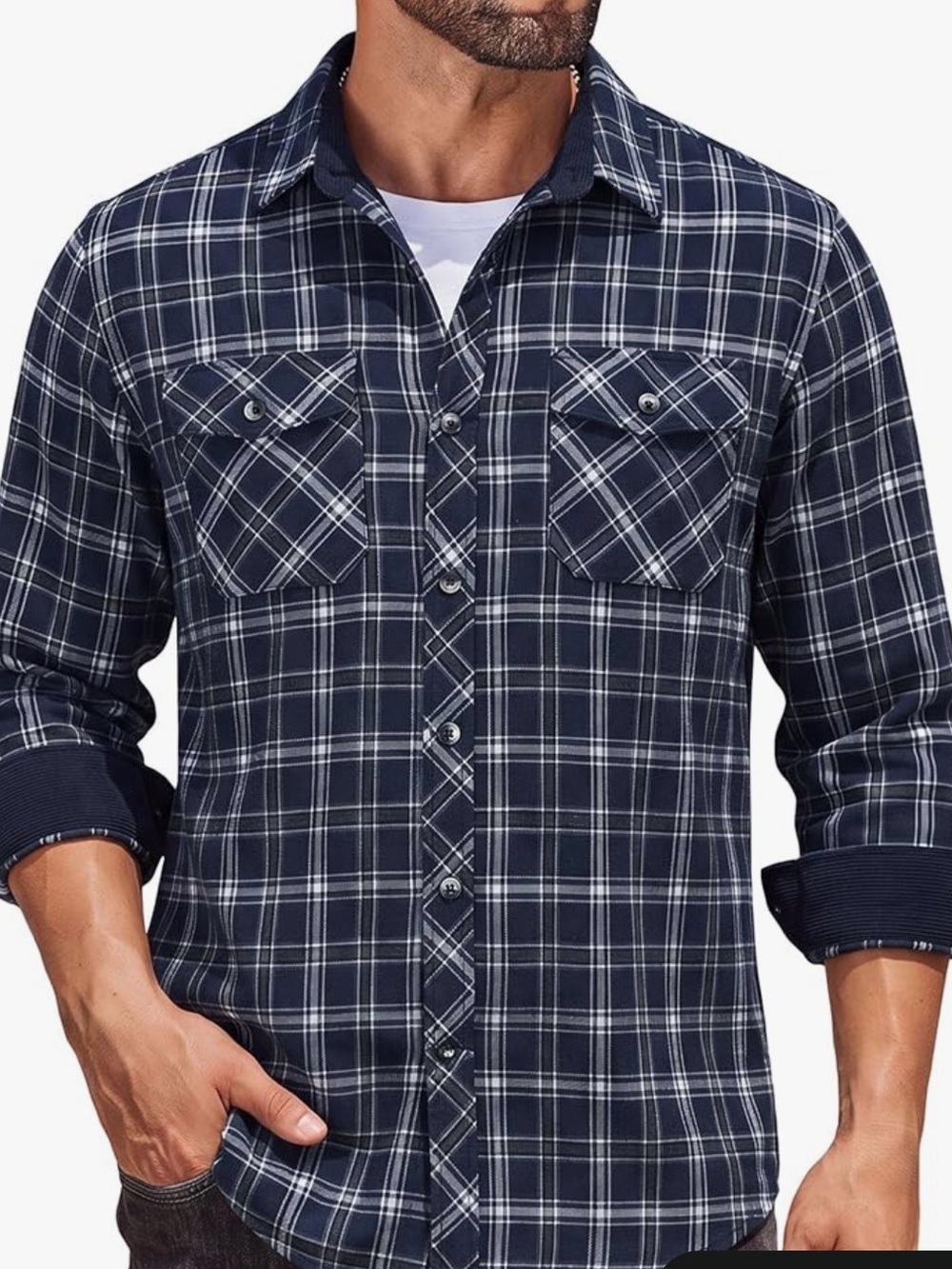 Men's Navy and White Plaid Button-Down Shirt
